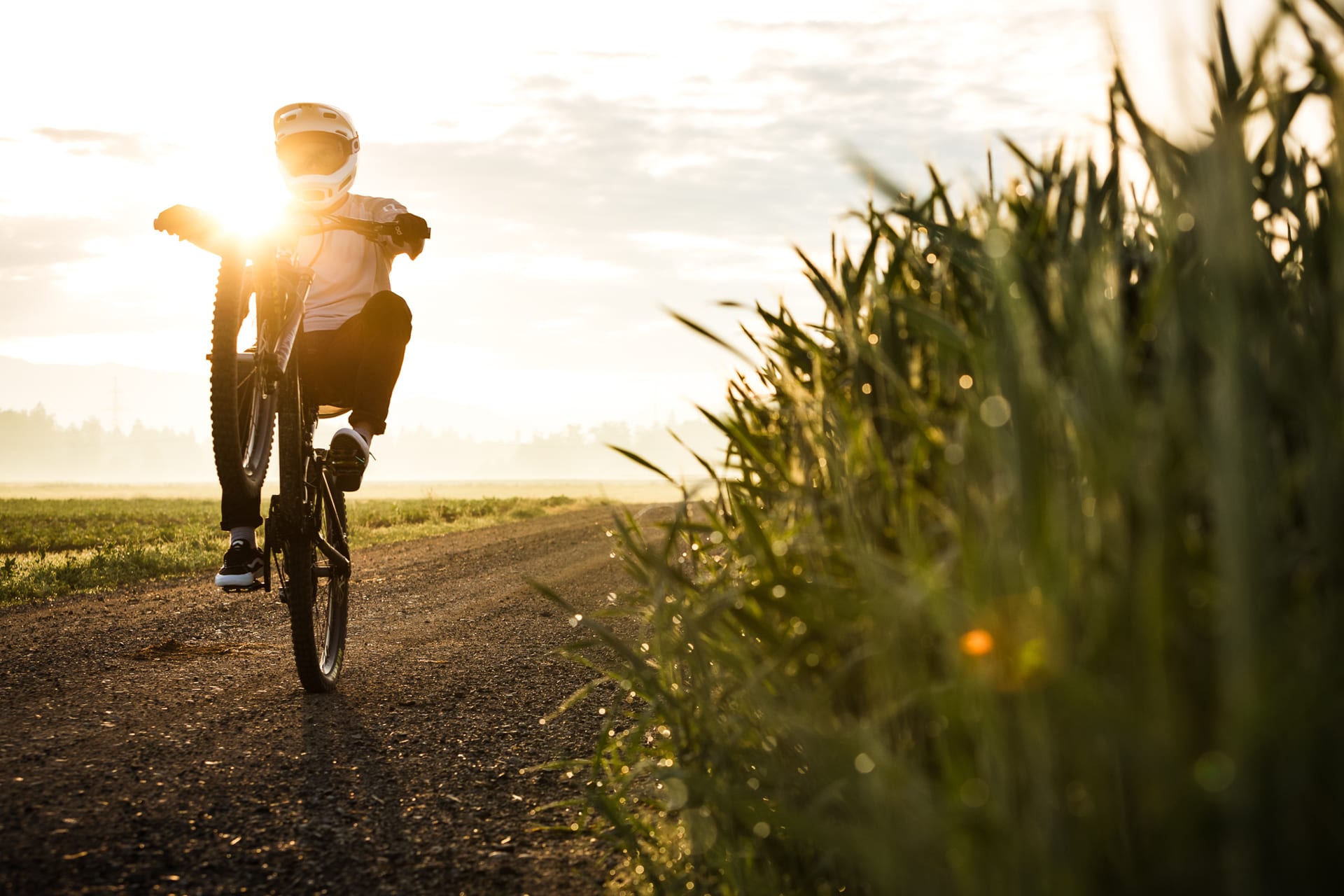BineZalohar@KeepBusybyLegitFilms©KatjaPokorn Biker doing wheelie while riding through spring field in the early morning